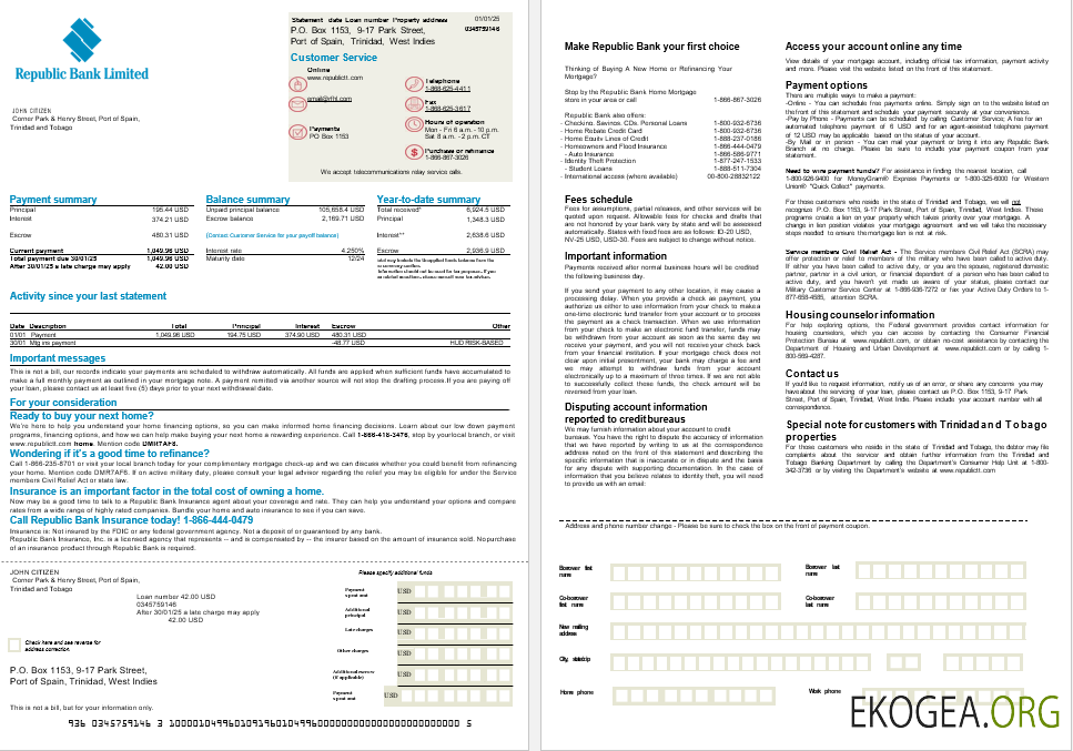Relevé hypothécaire de la Trinidad and Tobago Republic Bank aux formats Word et PDF, 2 pages